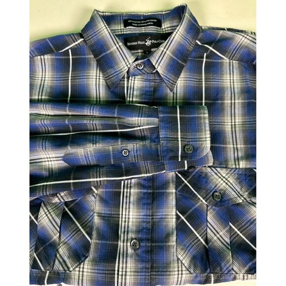 Beverly Hills Polo Club Mens Blue Gray Plaid Long Sleeve Button Front Shirt‎ L - Picture 1 of 4
